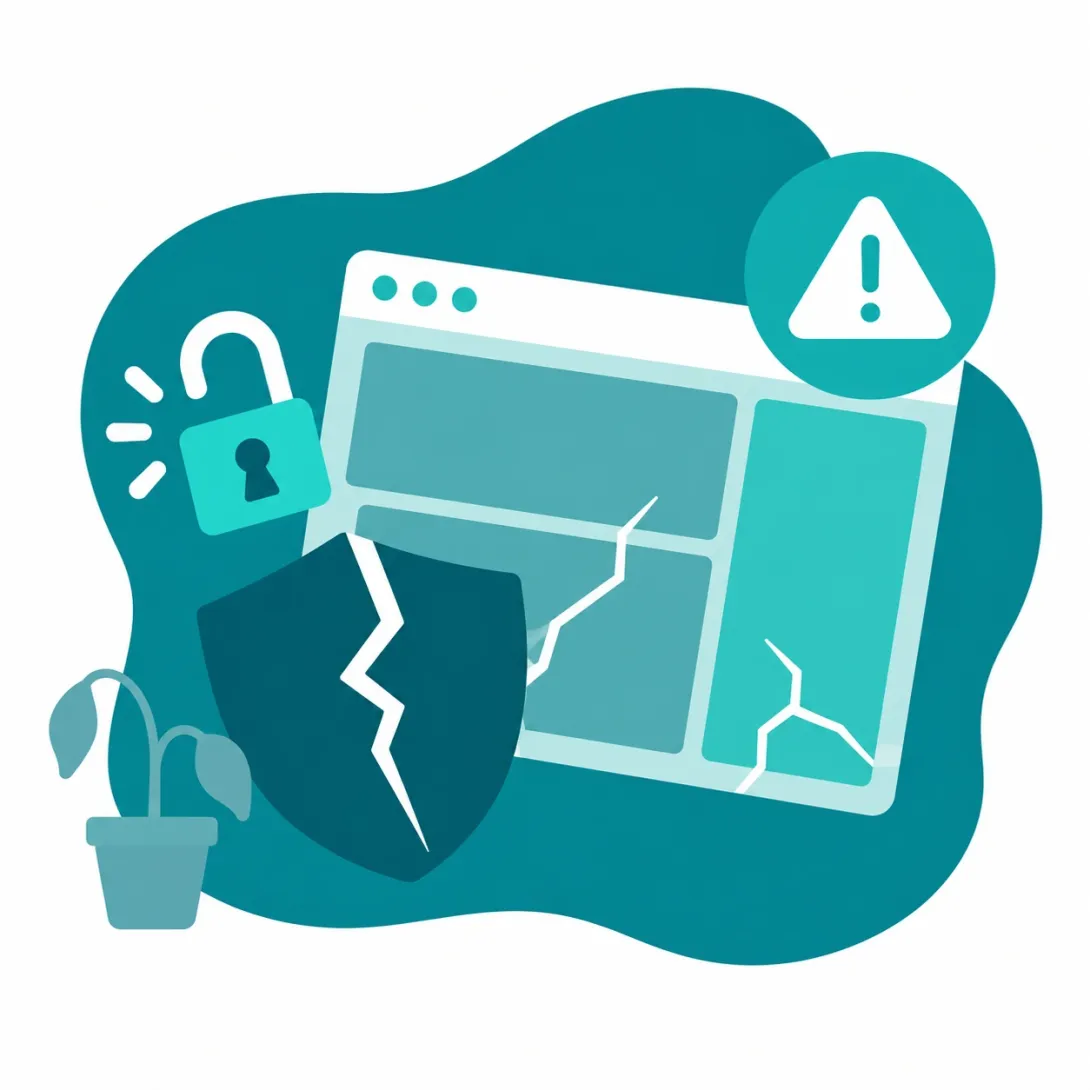 Kantelende websiteblokken met gebarsten schild en open slot